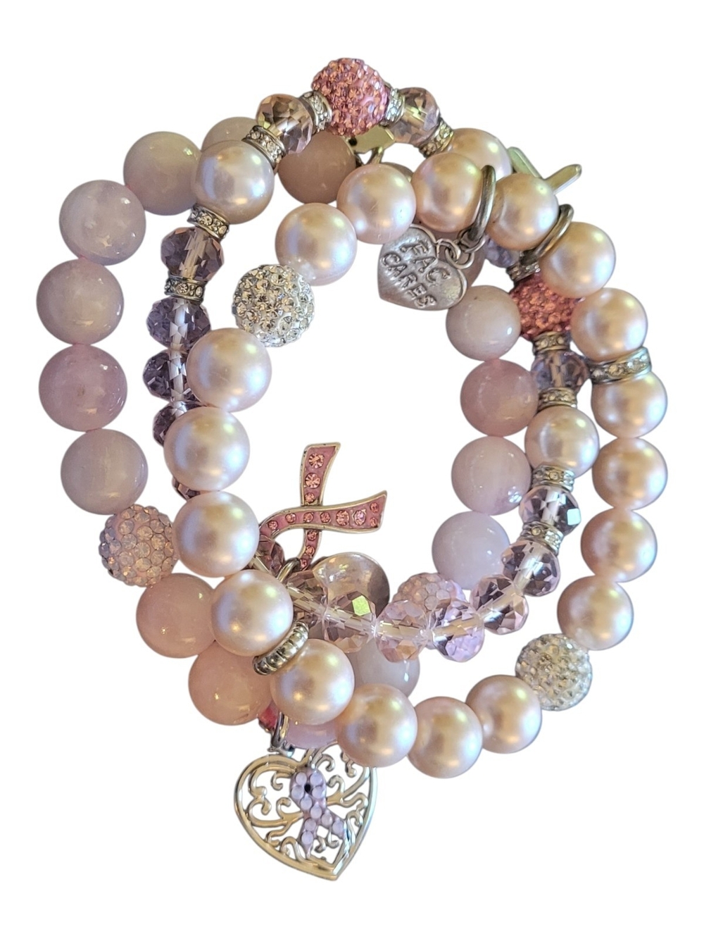 Pink Pearl & Crystal Stretch Bracelet Set - Breast Cancer Awareness Charm